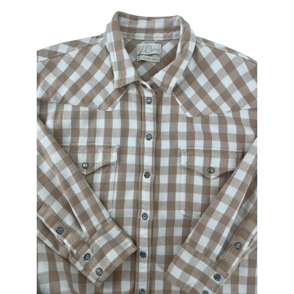 J Crew Relaxed Fit Plaid Flannel Western Pearl Snap Shirt S‎ Tan White S Shacket